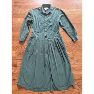Alain Toussaint 80s Cottage Core Corduroy Dress Buttons Green Cotton Size 10